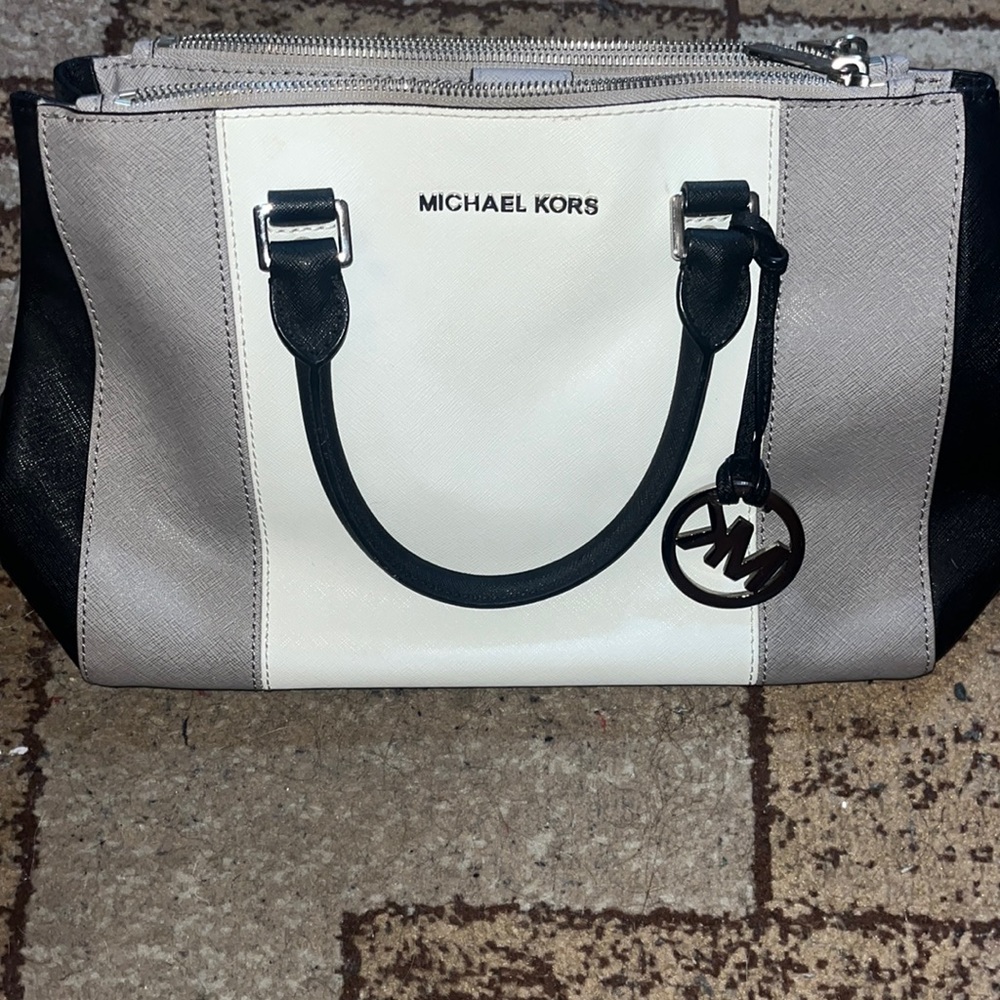 Michael Kors Sutton Center Stripe Colorblock Satchel Gray White Black